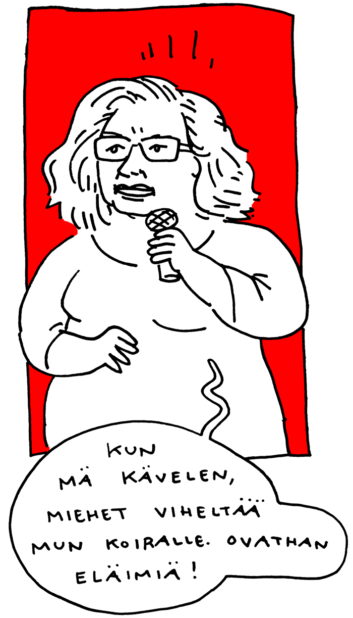 Irina Krohn feministinen kiroiluiltama aino sutinen sarjakuva livepiirros